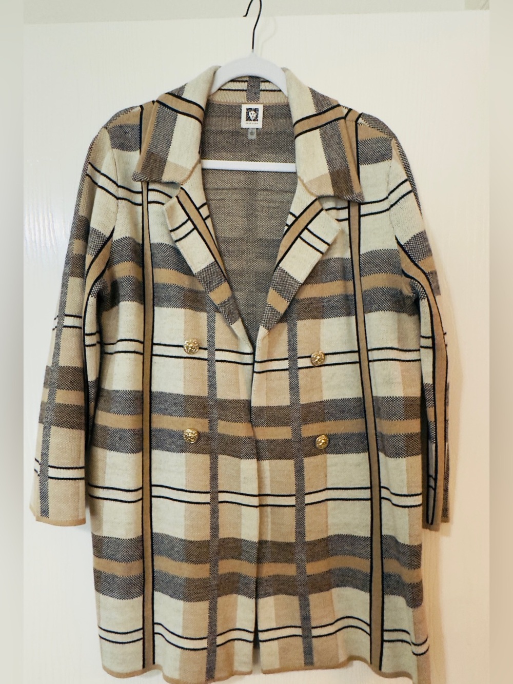Anne Klein Cream and Brown Knit Plaid Cardigan